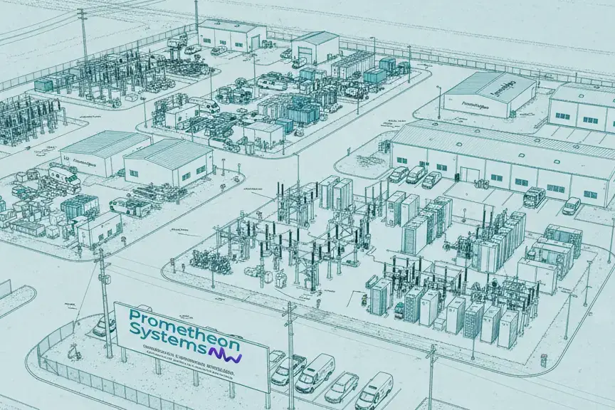 Vue aérienne en blueprint d'un site Prometheon Systems